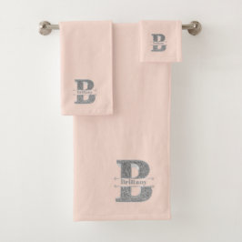 Bイニシャルパーソナライズされたシルバーモノグラムあなたの名前 バスタオルセット