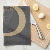 Bボホエレガントフローラモノグラムイニシャルグレイ金ゴールド キッチンタオル (四つ折り)