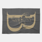 Bボホエレガントフローラモノグラムイニシャルグレイ金ゴールド キッチンタオル (横)