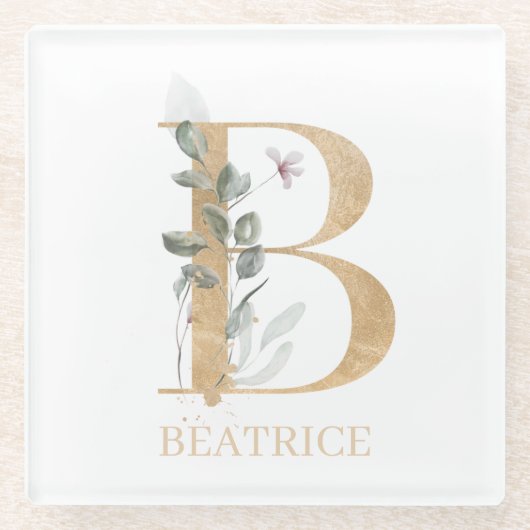 Bモノグラムパーソナライズされたフローラ ガラスコースター (正面)