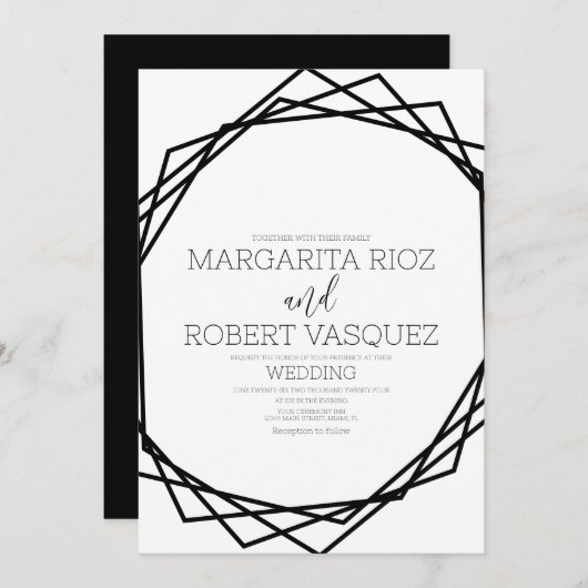 B幾何モダン白黒結婚ズ 招待状 (正面/裏面)