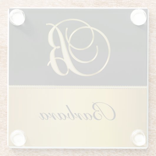 "B"エレガントモノグラム名パーソナライズされた黒金ゴールド ガラスコースター (裏面)