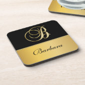 "B"エレガントモノグラム名パーソナライズされた黒金ゴールド コースター (左側)