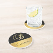 "B"エレガントモノグラム名パーソナライズされた黒金ゴールド コースター (側面)