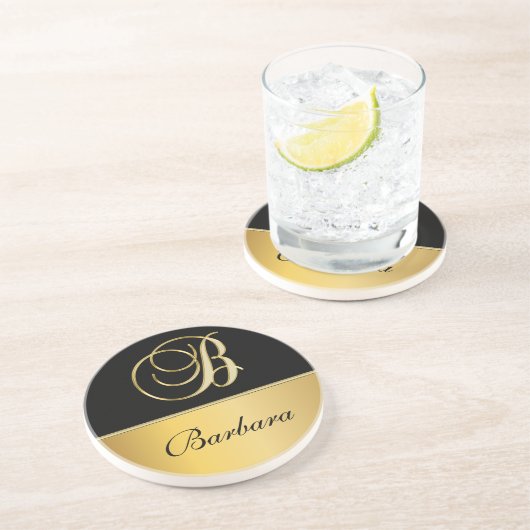 "B"エレガントモノグラム名パーソナライズされた黒金ゴールド コースター (側面)