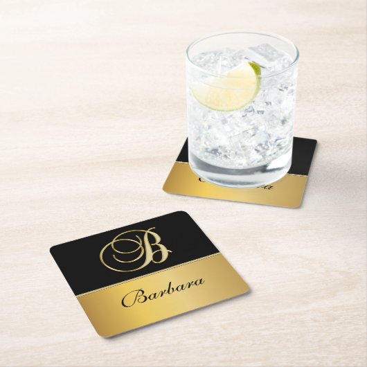 "B"エレガントモノグラム名パーソナライズされた黒金ゴールド スクエアペーパーコースター (インサイチュ)