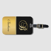 "B"エレガントモノグラム名パーソナライズされた黒金ゴールド ラゲッジタグ (正面横)