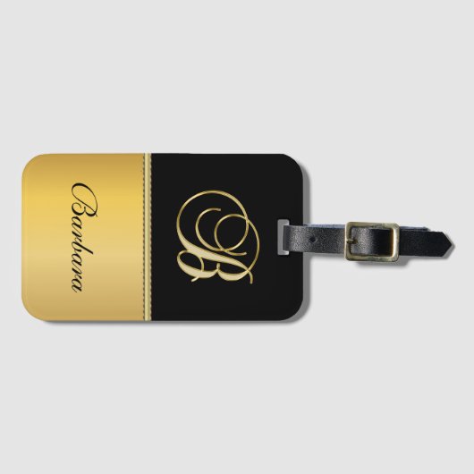 "B"エレガントモノグラム名パーソナライズされた黒金ゴールド ラゲッジタグ (正面横)