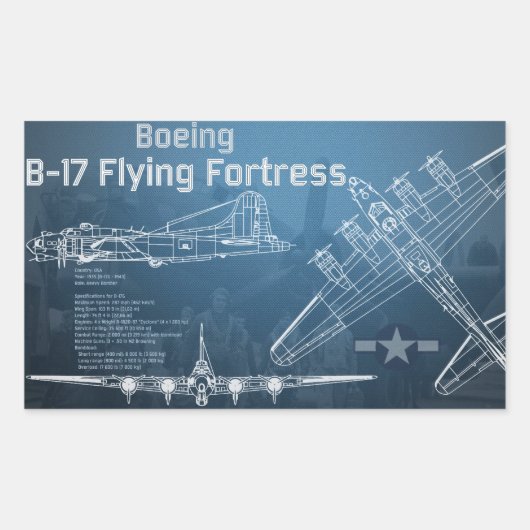 B-17要塞飛んでいる設計図 長方形シール (正面)