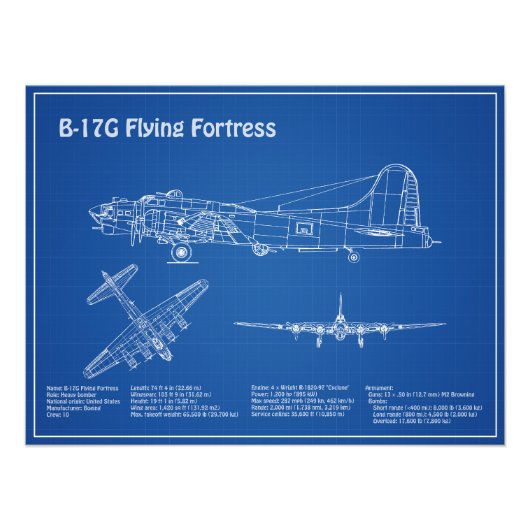 B-17要塞飛んでいる – 飛行機の設計図の計画AD フォトプリント (正面)