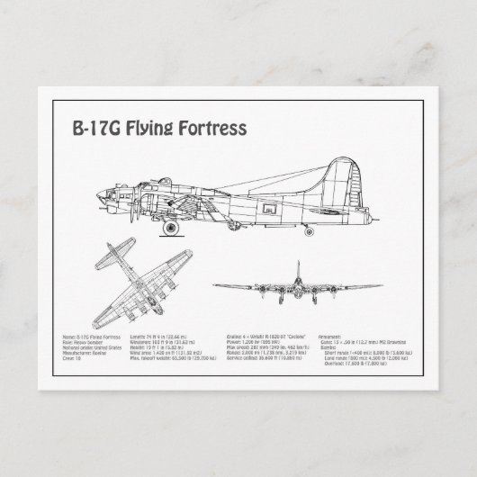 B-17要塞飛んでいる – 飛行機の設計図プランBD ポストカード (正面)