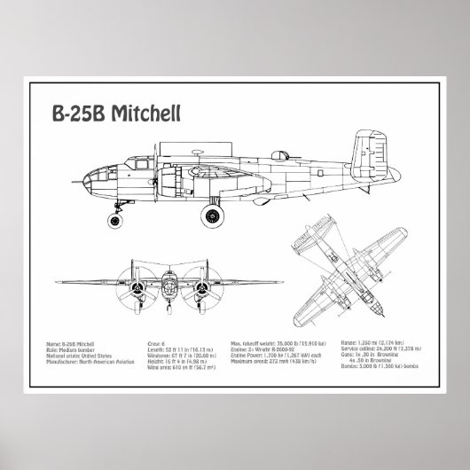 B-25B Mitchell Doolittle – 飛行機の設計図BD ポスター (正面)