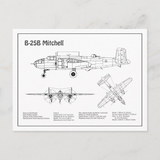 B-25B Mitchell Doolittle – 飛行機の設計図BD ポストカード (正面)