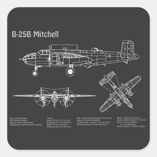 B-25B Mitchell Doolittle – 飛行機の設計図PD スクエアシール (正面)