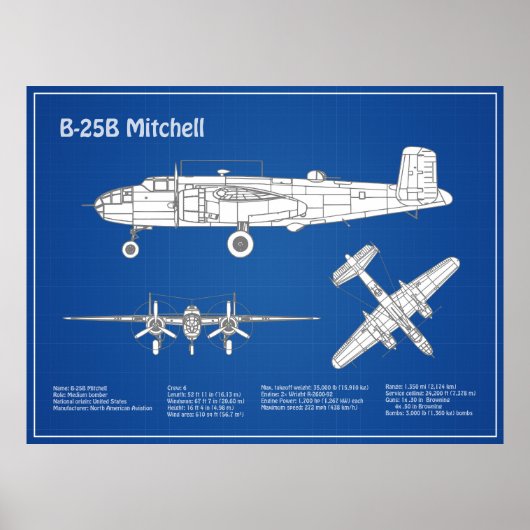 B-25B Mitchell Doolittle – 飛行機設計図ABD ポスター (正面)