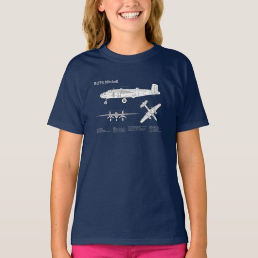 B-25B Mitchell Doolittle – 飛行機設計図ABD Tシャツ (正面)