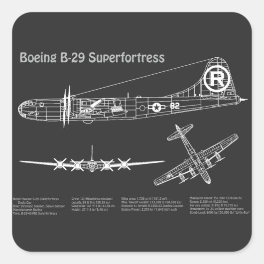 B-29スーパーフォートレス – 飛行機の設計図の計画PD スクエアシール (正面)