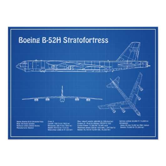 B-52ストラトフォレス – 飛行機の設計図の計画AD フォトプリント            (正面)