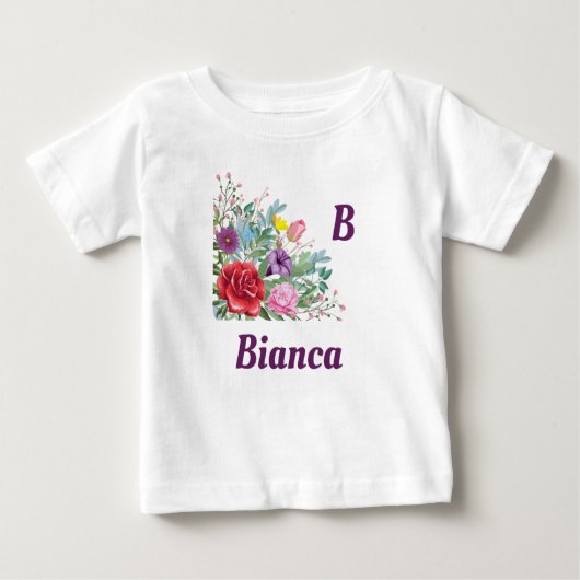 B Biancaパーソナライズ文字名，バラ花 ベビーTシャツ (正面)