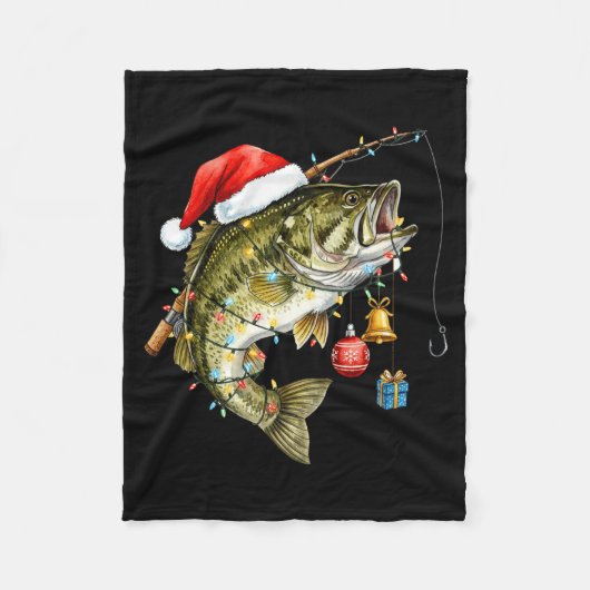 B Fish Festive Lights Christmas Funny Fishing Long フリースブランケット (正面)