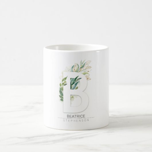 B Monogram金ゴールド緑の葉名前 コーヒーマグカップ (中央)