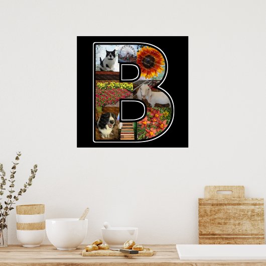B Monogram Create Your Own 8 Photo Collage Black ポスター (キッチン)