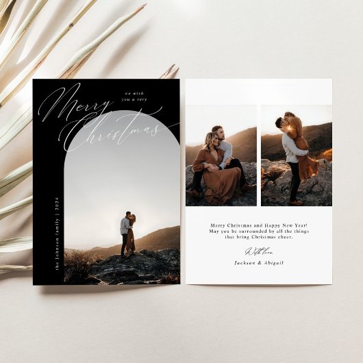 B&Wアーチフォトスクリプトタイポグラフィシンプルクリスマス シーズンカード