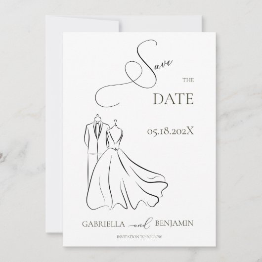 B&Wエレガント Tux & Dress Save the Date 結婚's 招待状 (正面)