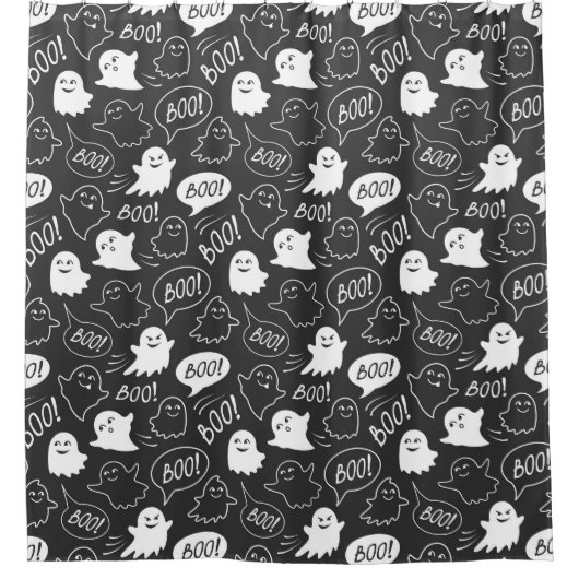 B&Wキュートドールハロウィーンパターン シャワーカーテン (正面)