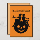 B/Wハロウィーンシルエットボーイガールシッティング招待状 シーズンカード (正面/裏面)