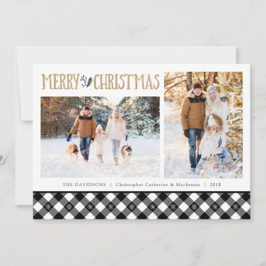B&Wバッファローチェック雪片 |メリークリスマス シーズンカード (正面)