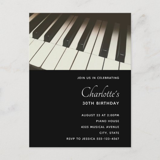 B&Wピスタイリッシュアノ鍵写真 – 誕生日招待状 ポストカード (正面)