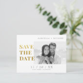 B&Wミニマル金ゴールドフォトウェディング日付を保存 ポストカード (スタンド正面)