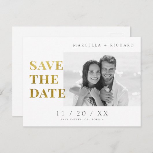 B&Wミニマル金ゴールドフォトウェディング日付を保存 ポストカード (正面/裏面)