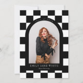 B&Wレトロアー市松模様にチークラシック写真卒業 招待状 (正面)