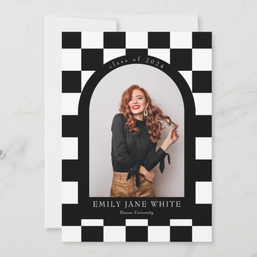 B&Wレトロアー市松模様にチークラシック写真卒業 招待状 (正面)
