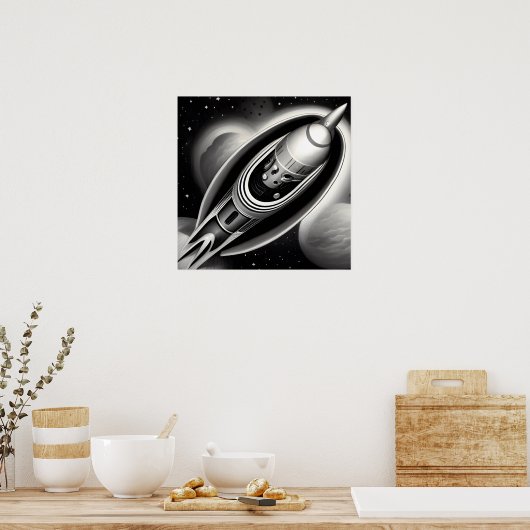 B&Wレトロロケット ポスター (キッチン)