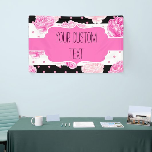 B&W水平ストライプドットピンクフローラ誕生日 横断幕 (トレードショー)