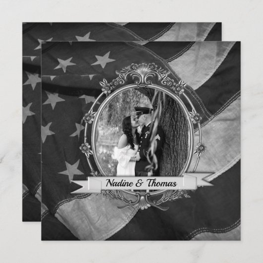 B&W軍隊結婚式招待状と写真 招待状 (正面/裏面)