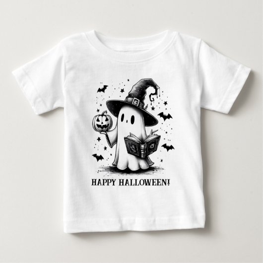 B&W ハッピー ハロウィン ゴースト ベビーTシャツ (正面)