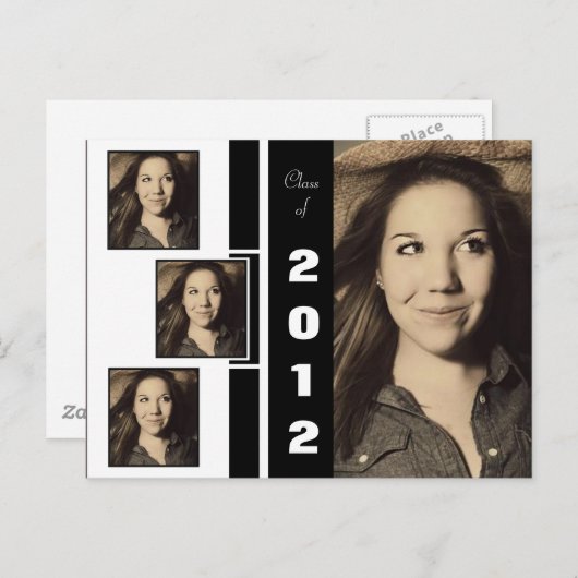 B&W 4枚の写真卒業発表はがき 案内ポストカード (正面/裏面)
