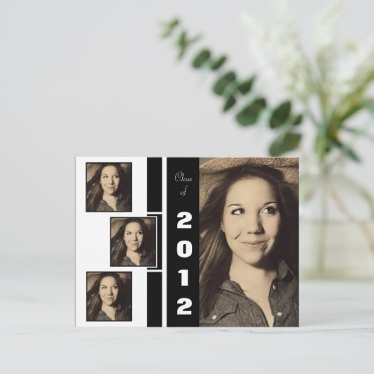 B&W 4枚の写真卒業発表はがき 案内ポストカード (スタンド正面)