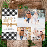 B&W Buffalo Check Gold Brown MERRY CHRISTMAS シーズンカード<br><div class="desc">Accent three photos with a black and white buffalo check plaid design, titled MERRY CHRISTMAS in a brown Kraft paper font with hand-drawn winter foliage and tied neatly with a gold brown bow. (PHOTO TIP: For fastest/best results, choose a photo with the subject in the middle and/or pre-crop it to...</div>