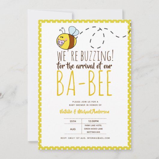 BAビー赤ちゃんシャワーイエローの到着のためのブーブジング 招待状 (正面)
