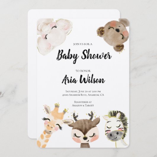 BA10ベビーシャワージャングルサファリ動物招待状 招待状 (正面/裏面)