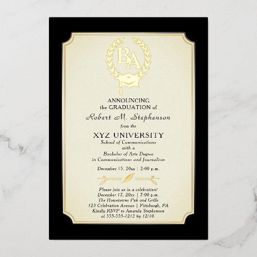 BA – 学士課程カレッジ卒業 箔招待状 (正面)