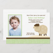 Baa Baa Sheep Green *写真*誕生日5 x 7 招待状 (正面/裏面)