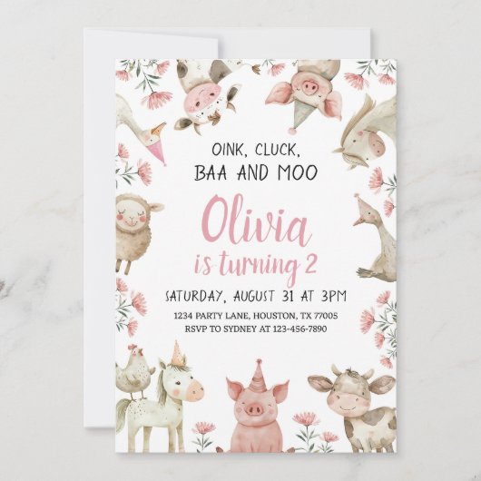 baa oink moo 私は2さいの おたんじょうび ごあいさつ 農家の娘 2さいのおたんじょうび 招待状 (正面)