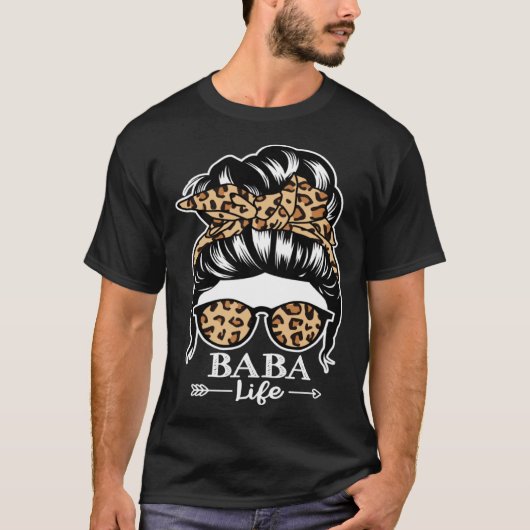 Baba Life Messy Bun Hair Baba Leopard Tシャツ (正面)