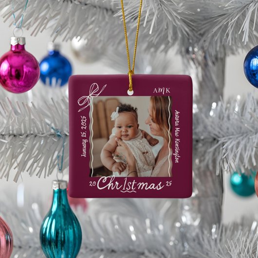 Baby 1st Christmas Minimal Hand Drawn Scribble Bow セラミックオーナメント